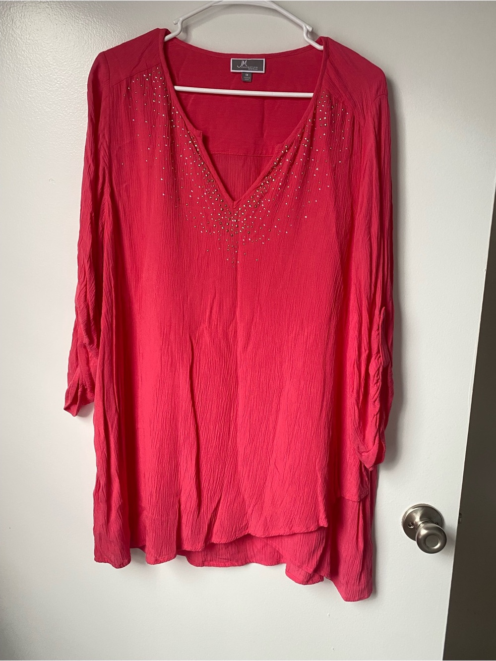 JM Collection Hot Pink V-Neck Tunic Top with Rhinestone Accent